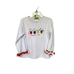 Stellybelly Toddler Girls' White Christmas Lights Ruffle Sleeve Shirt 3T